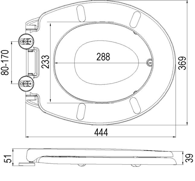 Technische Zeichnung eines Toilettendeckels mit Maßangaben