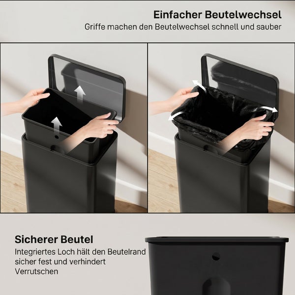 Anleitung zum einfachen Wechseln und Sichern des Müllbeutels in einem Treteimer mit Inneneimer und Befestigungslöchern.