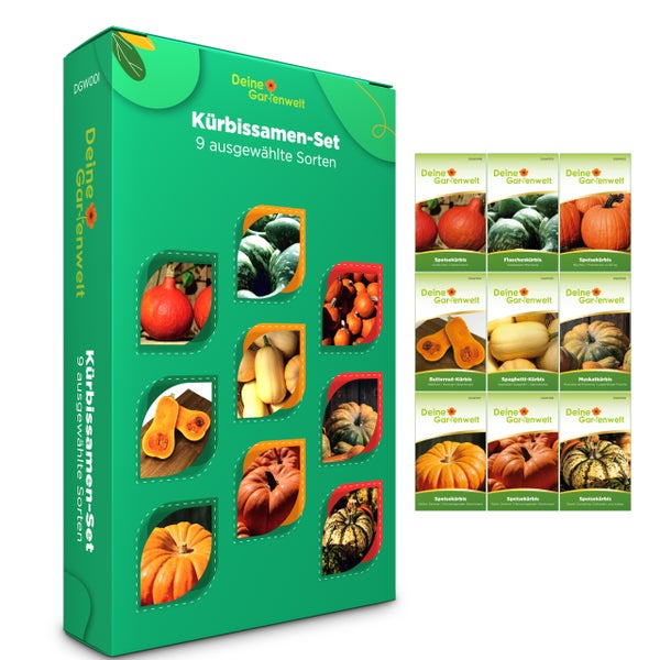 Kürbissamen-Set von Deine Gartenwelt mit 9 Sorten in einer grünen Box und neun einzelnen Samentüten mit verschiedenen Kürbisabbildungen.