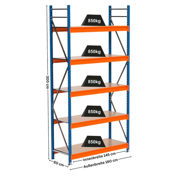 Hochregal mit fünf Ebenen und Gewichtsangaben