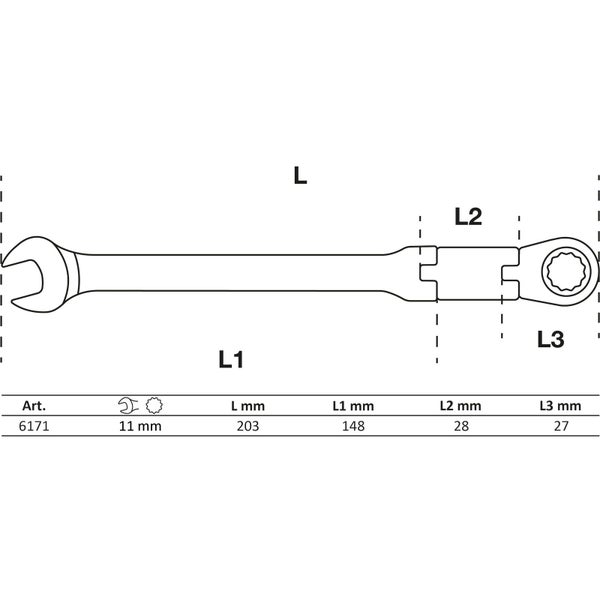 Technische Zeichnung eines Ringschlüssels mit den Maßen 11 mm, 203 mm Gesamtlänge