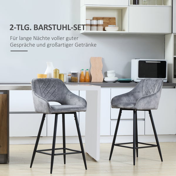 HOMCOM 2er-Set Barhocker Barstühle Bistrohocker mit Fußstütze Samtoptik Küchenstuhl Thekenhocker Sitzbezug für Küche Wohnzimmer Esszimmer Stahl Grau 50 x 53 x 94 cm