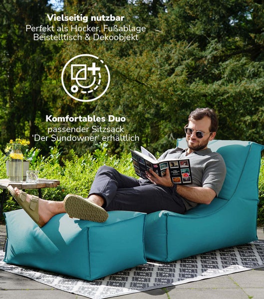 Outdoor Pouf, Hocker 60x45cm in Türkis / Petrol für Balkon und Garten 'Der Ruhestifter' Bodenkissen eckig, Sitzwürfel, Sitzpouf, Fußhocker und Beistelltisch, EPS-Perlen Füllung, Indoor geeignet