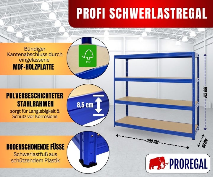 Profi Schwerlastregal Proregal, blauer Stahlrahmen, MDF-Platten, Schutzfüße, nachhaltiges Holz, Proregal Logo. 180 mal 200 mal 60 Zentimeter.