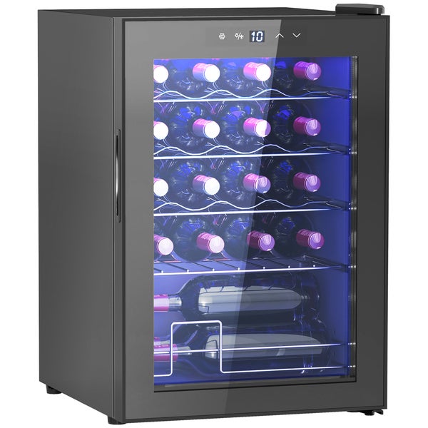 Schwarzer Weinkühlschrank mit Glastür, Metallregalen, blauer LED-Beleuchtung und digitaler Temperaturanzeige von 10 Grad.