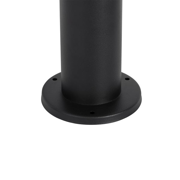 Runder Standfuß einer schwarzen Außenleuchte mit Löchern für die Bodenmontage.