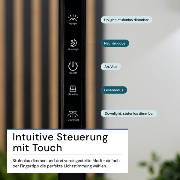 Nahaufnahme der Touch-Steuerung einer Leuchte mit Optionen für Uplight, Nachtmodus, Ein/Aus, Lesemodus und Downlight