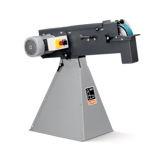 Stationäre Bandschleifmaschine mit Sockel, Elektromotor und Not-Aus-Schalter für die Metallbearbeitung. FEIN Logo.