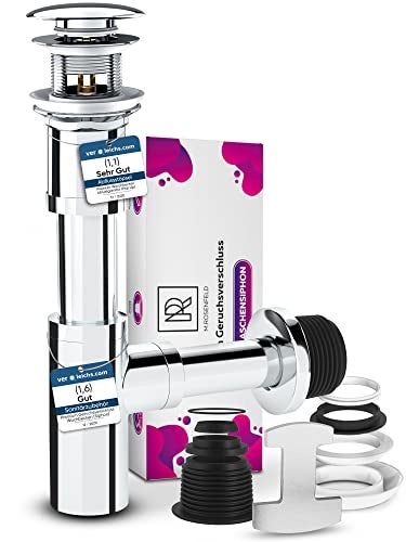 Ablaufgarnitur Waschbecken POP UP mit Überlauf + Design Siphon Waschbecken Extra Starke 304er Edelstahl Wände mit 750g - Geruchsverschluss inkl. Dichtungen