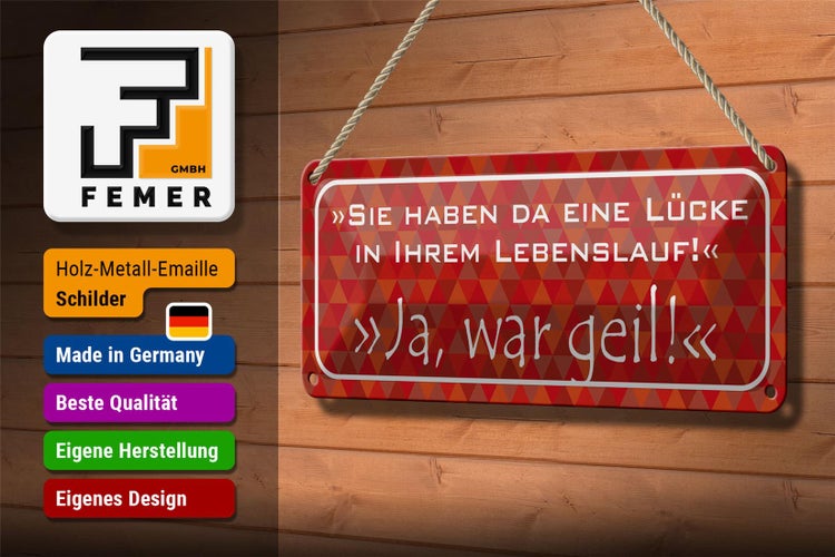 Blechschild Spruch 27x10cm Lücke in Lebenslauf ja war geil Dekoration