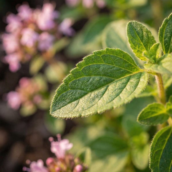 Nahaufnahme eines grünen Blattes der Oreganopflanze mit feinen Härchen und blühenden rosa Blüten im Hintergrund.