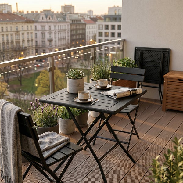 Ein schwarzer Faltpavillon, der wasserdicht ist und UV-Schutz 50 plus bietet, sowie eine Transporttasche mit stabilen Rollen.