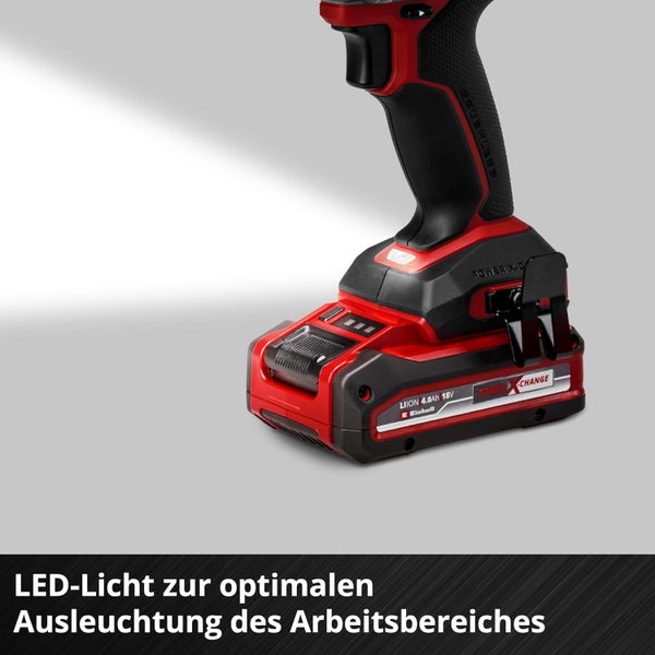 Einhell Akku-Werkzeug mit Power X-Change 18 Volt 4,0 Amperestunden Akku und integriertem LED-Licht zur Ausleuchtung des Arbeitsbereichs.