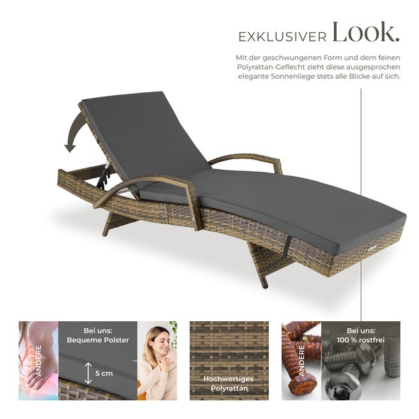 Rattan Sonnenliege tectake Océane 190 x 71 x 34 – 74,5 cm mit Aluminiumgestell natur