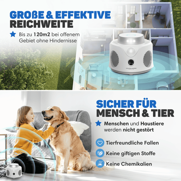 Vulpes Goods Ultraschall-Schädlingsvertreiber MAX – Umweltfreundliche Anti-Nager-Lösung für Innen- und Außenbereiche – 360°