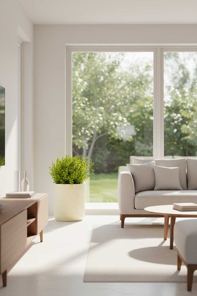 Helles Wohnzimmer mit großem Fenster, beigem Sofa, Couchtisch aus Holz und großem Pflanzgefäß mit einer grünen Pflanze.