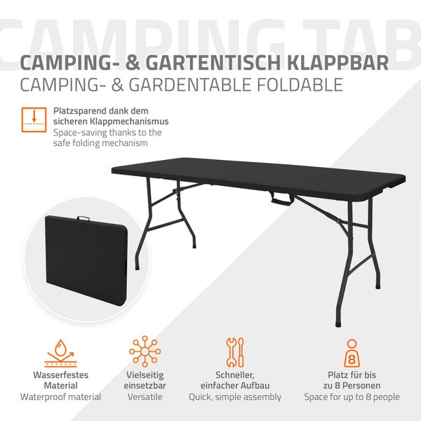 ML-Design Campingtisch klappbar Schwarz 180x74 cm Kunststoff, Klapptisch mit Tragegriff, Falttisch für Garten Terrasse Balkon, Gartentisch 6 Personen, Buffettisch Partytisch Koffertisch Flohmarkttisch
