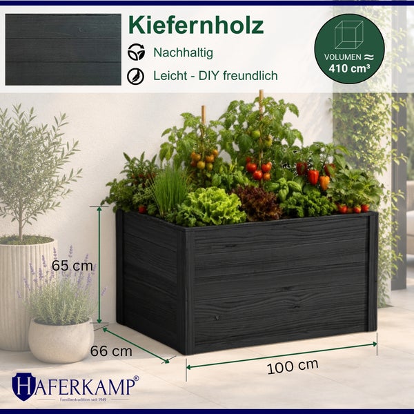 Schwarzes Hochbeet aus Kiefernholz mit Gemüse bepflanzt, Maße: 100 Zentimeter Länge, 66 Zentimeter Breite, 65 Zentimeter Höhe, Haferkamp Logo.