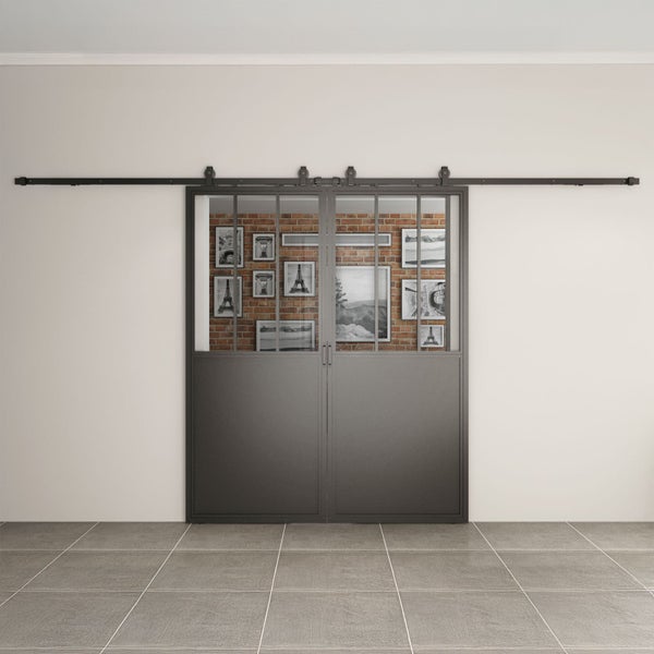Loftschiebetür Komplettset Doppelflügelig 2050x2150mm aus Stahl in schwarz mit Glaseinsatz