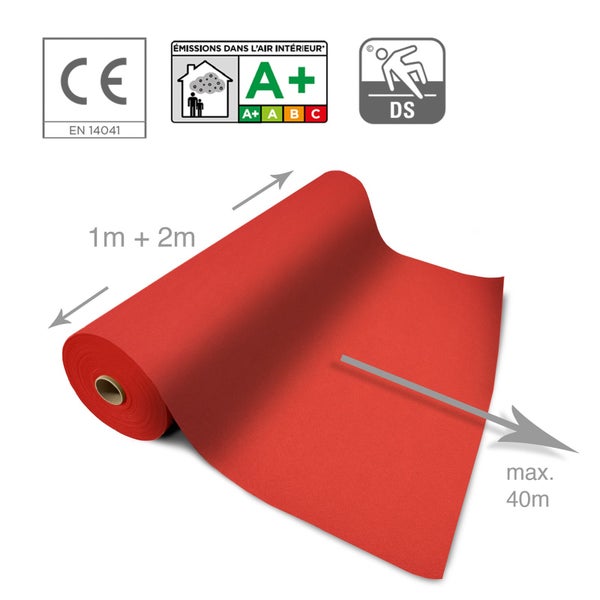 Rote Teppichbodenrolle in 1 Meter und 2 Meter Breite mit CE Kennzeichnung, A plus Emissionsklasse und Rutschfestigkeitsklasse DS.