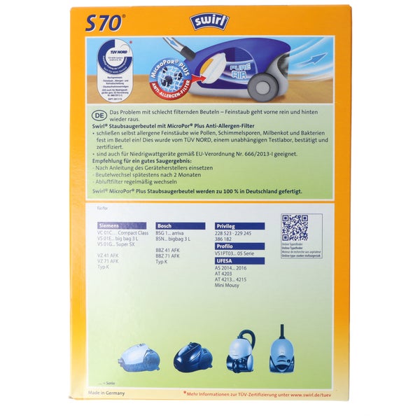 Swirl Staubsaugerbeutel S70 MicroPor Plus für Siemens und Bosch Staubsauger