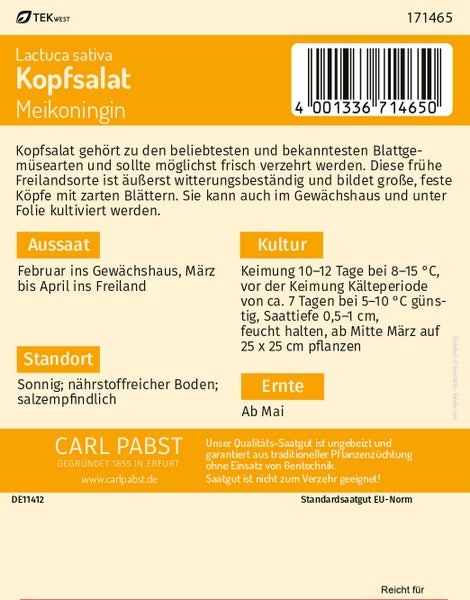 Rückseite einer Samentüte für Kopfsalat Meikoningin von Carl Pabst mit Anweisungen zu Aussaat, Kultur und Ernte. TEKWEST Logo. Carl Pabst Logo.