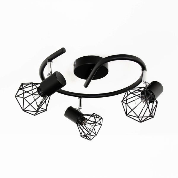 Schwarze Deckenleuchte mit drei Leuchten und geometrischen Lampenschirmen