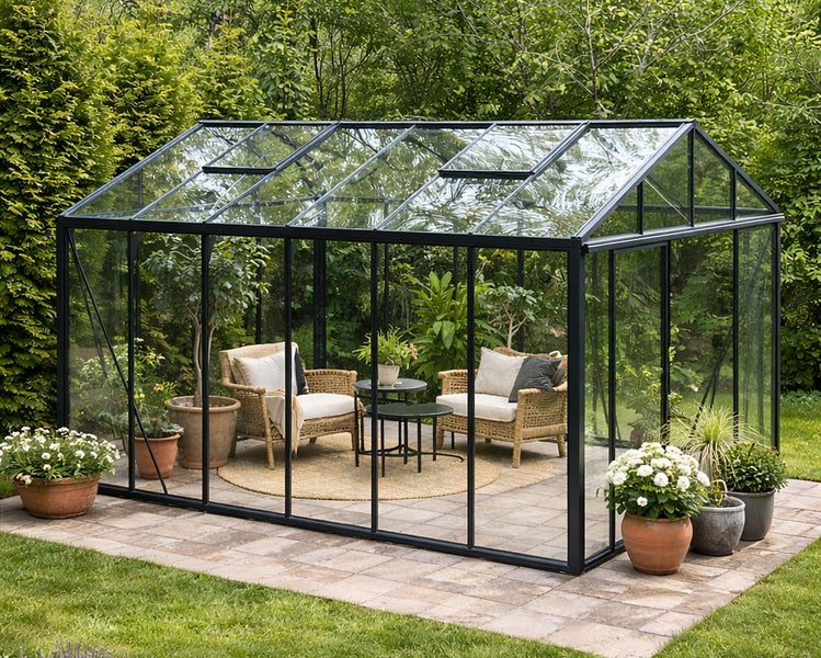 Großes Gewächshaus aus Glas mit schwarzem Aluminiumrahmen, eingerichtet als Gartenhaus mit Rattansesseln und Pflanzen auf einer Terrasse.