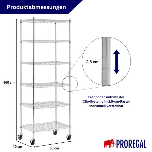 Gitterregal auf Rollen, Höhe 160, Breite 60, Tiefe 40 Zentimeter, 6 Fachböden im 2,5 Zentimeter Raster verstellbar, ProRegal Logo.