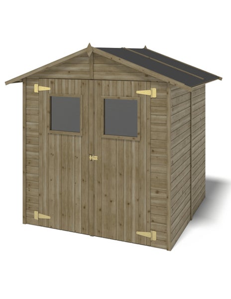 Gartenhaus aus Holz mit Satteldach und Doppeltür mit zwei Fenstern