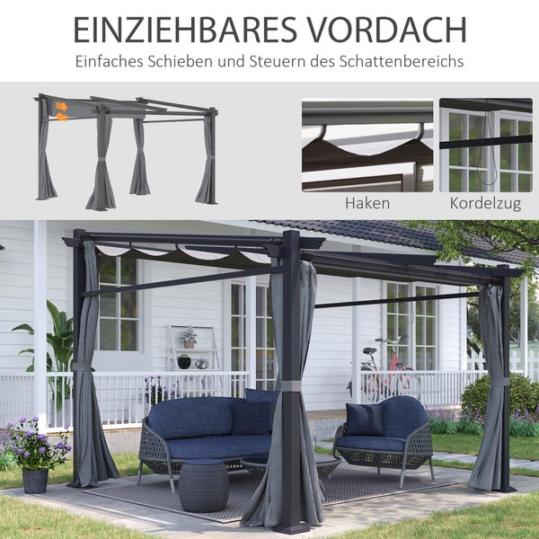 Outsunny Terrassendach Pergola ca. 3x3m Terrassendachung Garten Pavillon Aluminium, Wandmontage, Gartenpavillon mit Verstellbares Dach, UV Schutz, Sonnenschutz für Terrasse und Garten, Dunkelgrau
