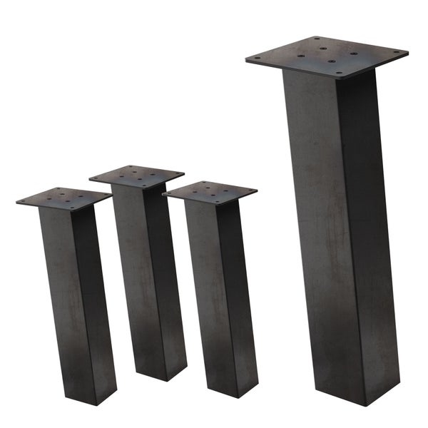 Vier quadratische Möbelbeine aus Stahl mit Montageplatten, Industriestil.