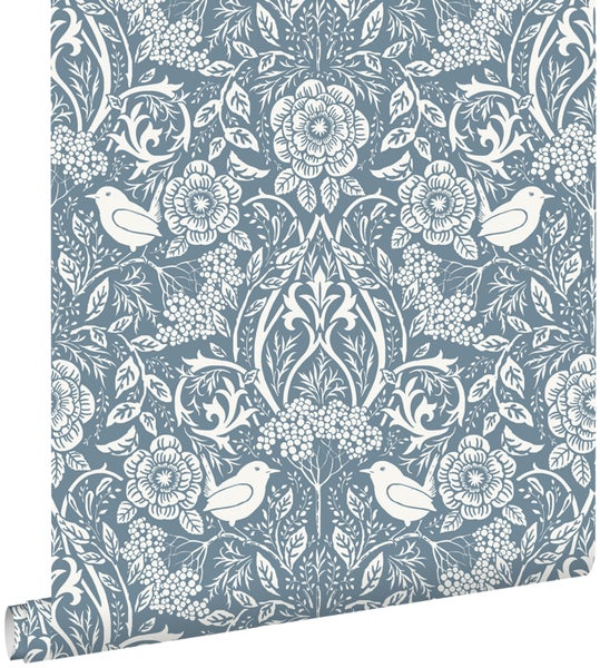 ESTAhome Tapete Blumen und Vögel im Jugendstil Graublau - 0.53 x 10.05 m - 139477