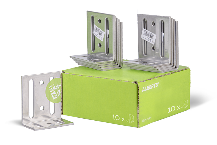 Set von zehn Metall Winkelverbindern mit Langlöchern auf einer Kartonverpackung von Alberts Logo.