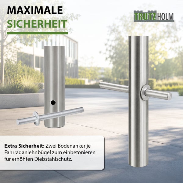 Zwei Trutzholm Bodenanker aus Edelstahl zum Einbetonieren fuer Fahrradanlehnbuegel fuer erhoehten Diebstahlschutz.