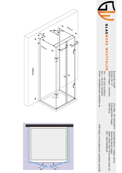 Technische Zeichnung einer Duschkabine mit Maßangaben