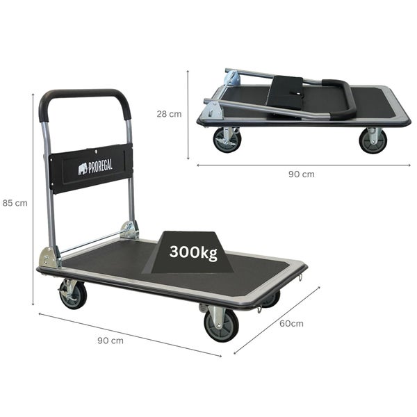 Proregal Transportwagen mit den Massen 90 cm x 60 cm und einer Traglast von 300 kg, sowohl aufgebaut als auch zusammengeklappt dargestellt, mit Abmessungsangaben.