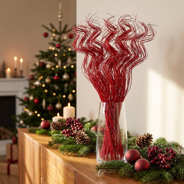 Dekorative gewundene Zweige in Glasvase auf einem Sideboard mit weihnachtlicher Dekoration aus Tannenzweigen, Zapfen und Weihnachtskugeln.