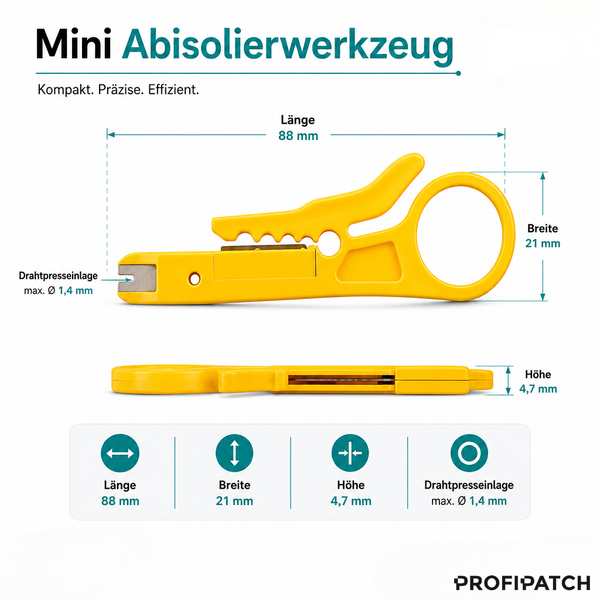 Mini Abisolierwerkzeug mit Maßen: Länge 88 Millimeter, Breite 21 Millimeter, Höhe 4,7 Millimeter, Drahtpresseinlage 1,4 Millimeter. Profipatch Logo.