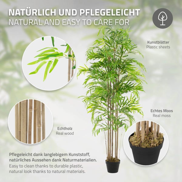 ML-Design Künstlicher Bambus 180 cm, Künstliche Pflanzen groß, Kunstpflanze mit Echtholzstamm, Fake Plastik Pflanze Dekoration im Topf für Indoor und Outdoor, Kunstbaum wie echt für Wohnzimmer Büro