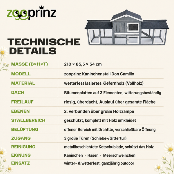 Infografik mit technischen Details zum zooprinz Kaninchenstall Don Camillo aus Kiefernholz, Maße 210 mal 85,5 mal 54 Zentimeter.