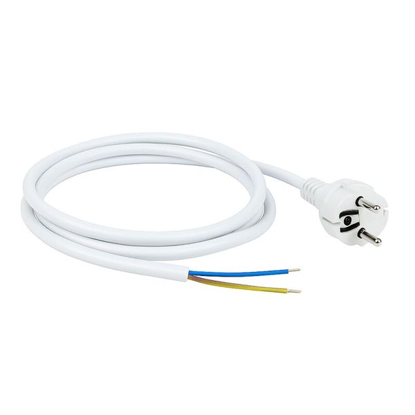 Weiße Zuleitung mit Schutzkontakt-Stecker und abisolierten Kabelenden.