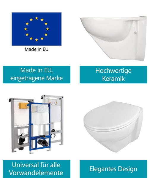 Calmwaters® Erhöhtes Wand WC spülrandlos Modern Plus mit Toilettendeckel, + 6 cm Erhöhung, inklusive abnehmbarem WC Sitz mit Absenkautomatik und Schnellbefestigung, Tiefspüler, Weiß, 08AB5815