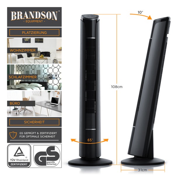 Brandson Turmventilator, Ventilator 108 cm, 10° neigbar, Standventilator mit Fernbedienung, 65° Oszillation, 3 Leistungsstufen, 4 Lüftungs-Modi, GS