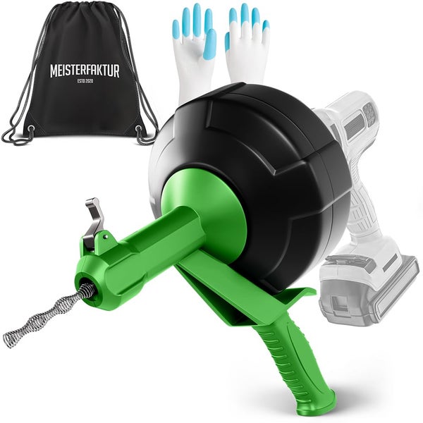 Rohrreinigungsspirale für Bohrmaschinenbetrieb mit Trommel, Schutzhandschuhen und Tragetasche. Meisterfaktur Logo.