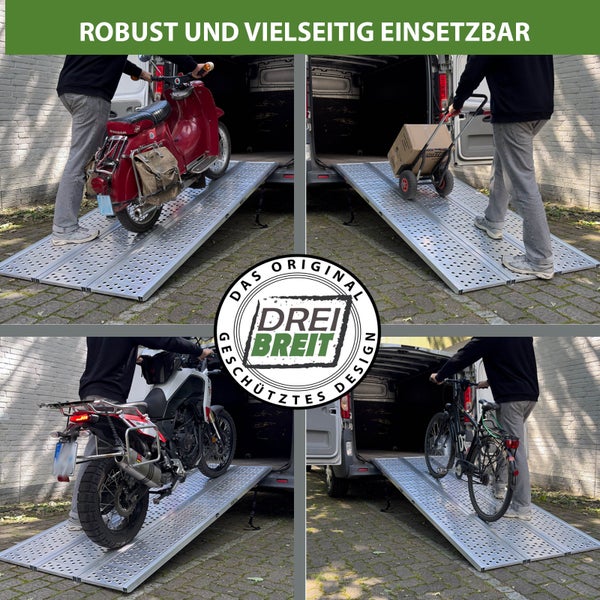 Mehrfachansicht von Auffahrrampen aus Aluminium mit Motorrad, Fahrrad, Motorroller und Sackkarre zum Verladen in einen Transporter