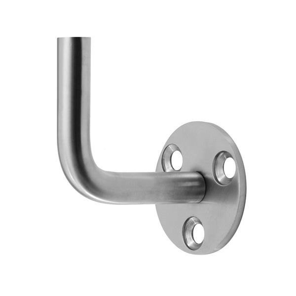 Ein Edelstahl Handlaufhalter mit runder Montageplatte und drei Bohrlöchern zur Wandbefestigung.