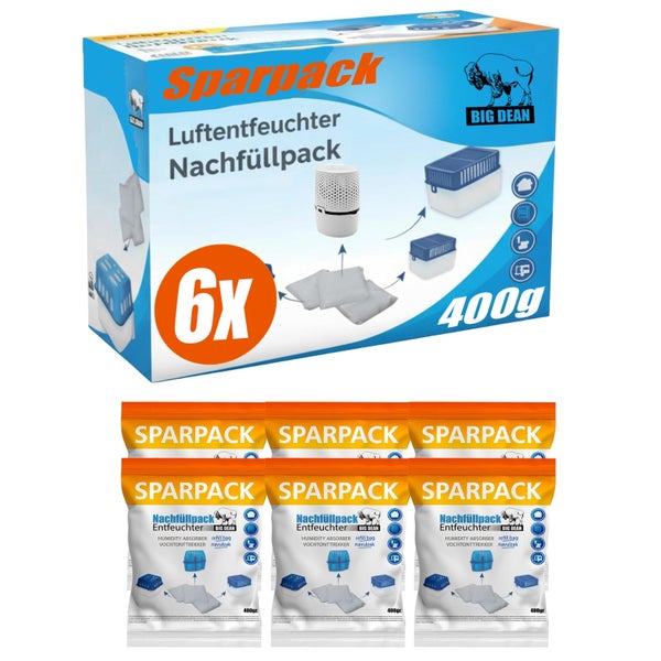 Big Dean Luftentfeuchter Nachfüllpack Sparpack mit 6 Beuteln zu je 400 Gramm zur Feuchtigkeitsregulierung in Wohnräumen
