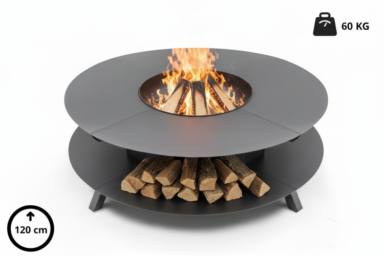 The Favilla Fuji Feuerschale Schwarz – Feuerstelle mit Holzfach & Abdeckhaube | 120x120x46 cm | Pulverbeschichtet, wetterfest & vormontiert | Gartenofen für Terrasse & Outdoor-Lounge