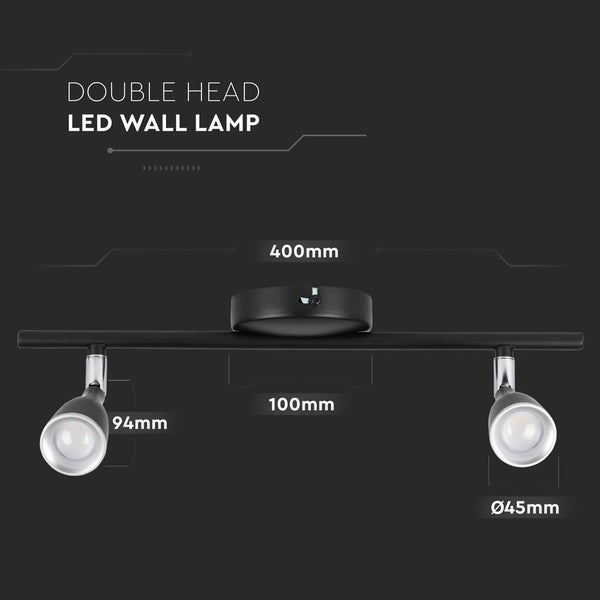 Doppelkopf LED Wandleuchte mit den Maßen 400 mm Breite, 100 mm Höhe und 94 mm Tiefe.